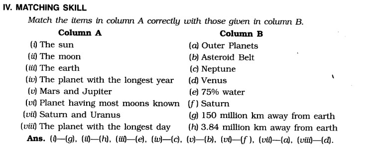 NCERT Solutions for Class 6 Social Science Geography Chapter 1 The Earth in the Solar System Matching Skills