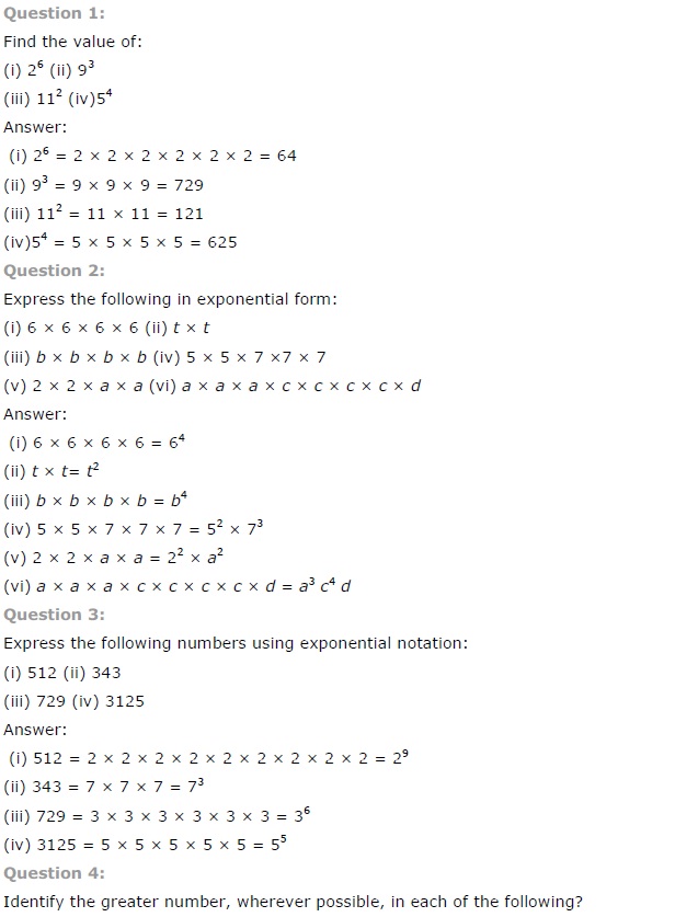 NCERT Solutions for Class 7 Maths Chapter 13 Exponents and Powers Ex 13.1 Q1
