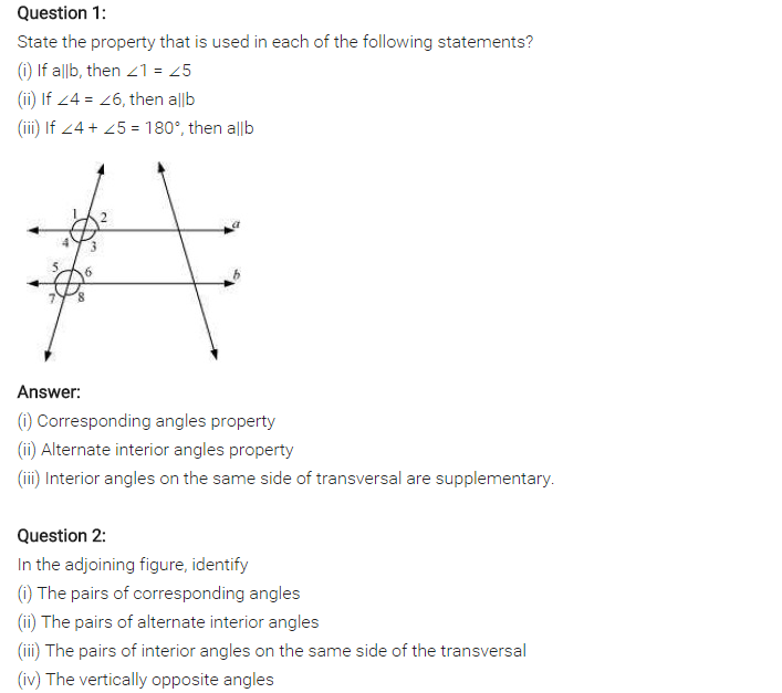 NCERT Solutions for Class 7 Maths Chapter 5 Lines and Angles Ex 5.2 Q1