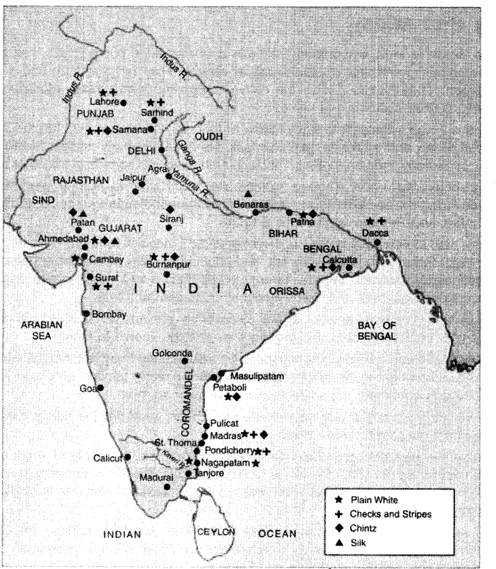 NCERT Solutions for Class 8 Social Science History Chapter 7 Weavers, Iron Smelters and Factory Owners Map Skills Q1
